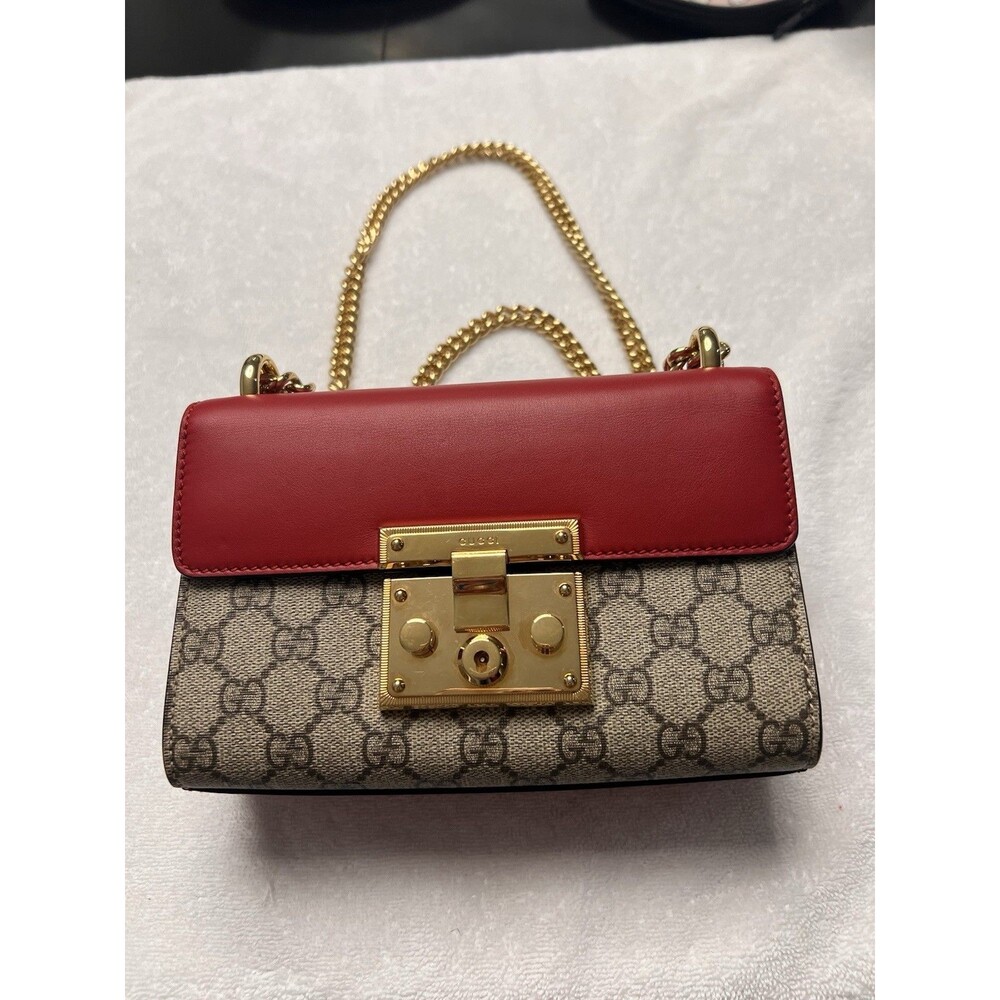 Gucci Padlock Small GG Supreme Canvas Chain Shoulder Bag Red Pink Entrupy COA